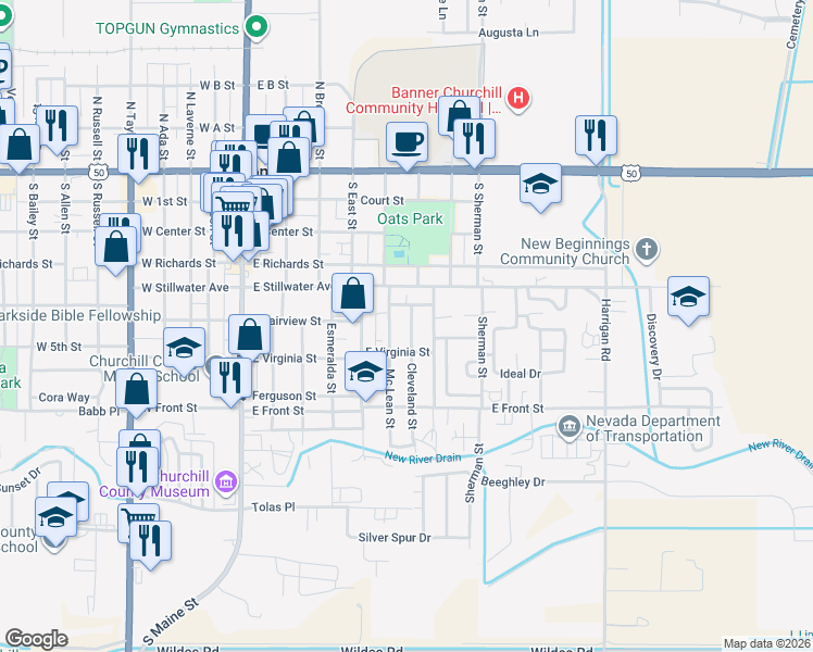 map of restaurants, bars, coffee shops, grocery stores, and more near 665 East Virginia Street in Fallon