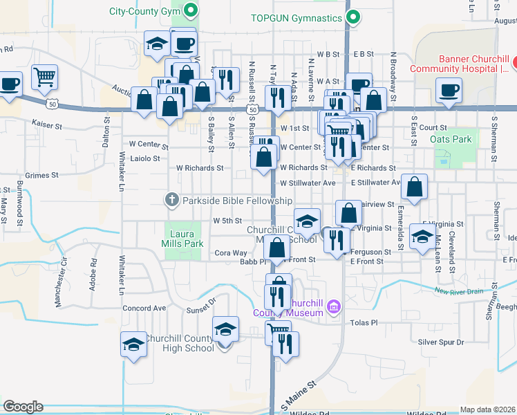 map of restaurants, bars, coffee shops, grocery stores, and more near 596 South Taylor Street in Fallon