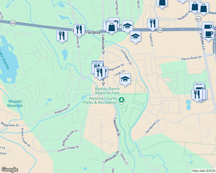 map of restaurants, bars, coffee shops, grocery stores, and more near 6165 Greenbrook Drive in Reno
