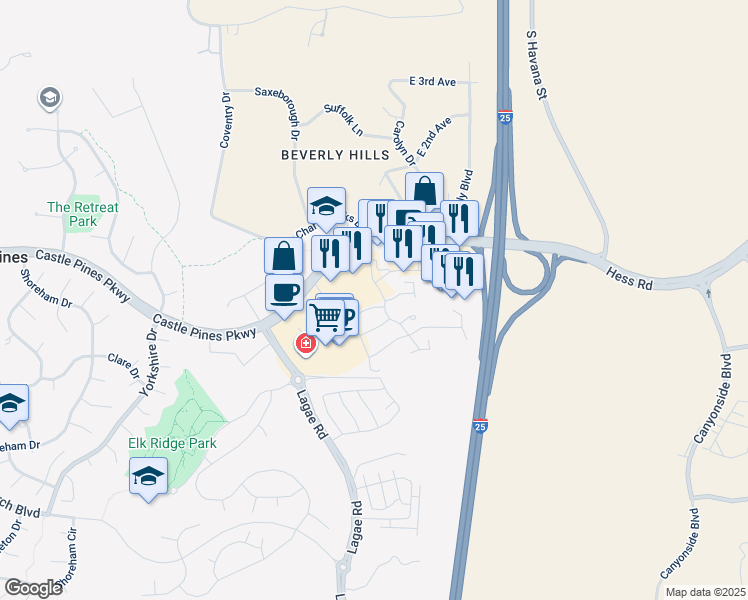 map of restaurants, bars, coffee shops, grocery stores, and more near 420 Kendall Court in Castle Pines