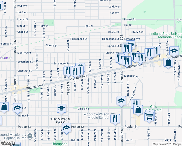 map of restaurants, bars, coffee shops, grocery stores, and more near 1-99 S 22nd St in Terre Haute