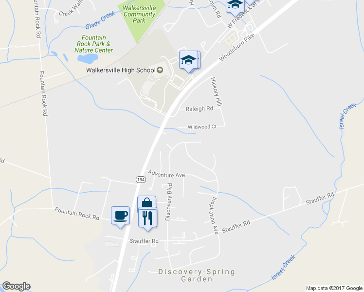 map of restaurants, bars, coffee shops, grocery stores, and more near 8619 Discovery Boulevard in Walkersville