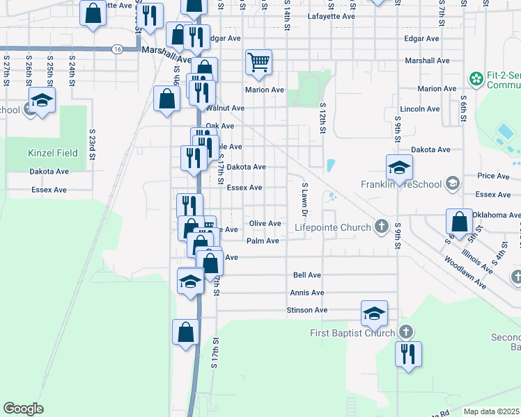 map of restaurants, bars, coffee shops, grocery stores, and more near 1521 Oklahoma Avenue in Mattoon