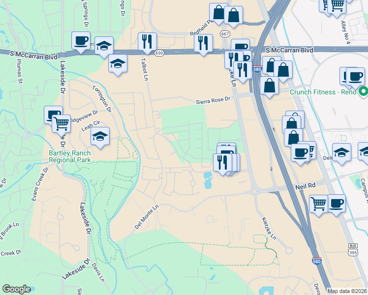 map of restaurants, bars, coffee shops, grocery stores, and more near 619 Camargue Trail in Reno