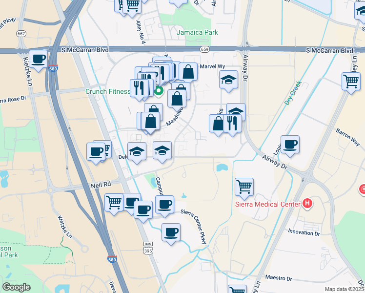 map of restaurants, bars, coffee shops, grocery stores, and more near 825 Delucchi Lane in Reno