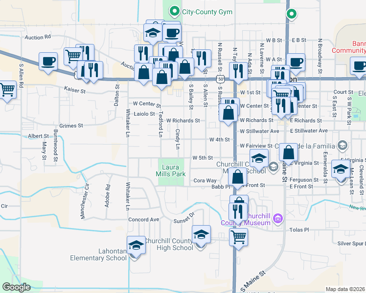 map of restaurants, bars, coffee shops, grocery stores, and more near in Fallon