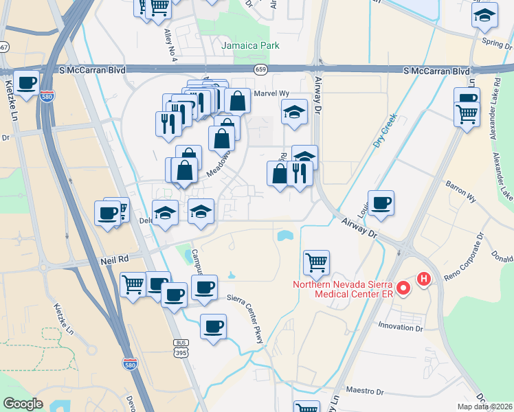 map of restaurants, bars, coffee shops, grocery stores, and more near 1543 Delucchi Lane in Reno