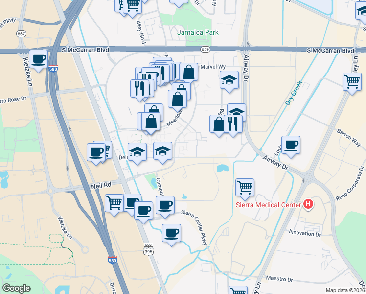 map of restaurants, bars, coffee shops, grocery stores, and more near 68 Neil Road in Reno