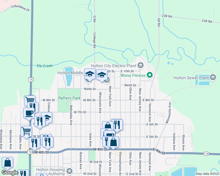 map of restaurants, bars, coffee shops, grocery stores, and more near 901 New York Avenue in Holton