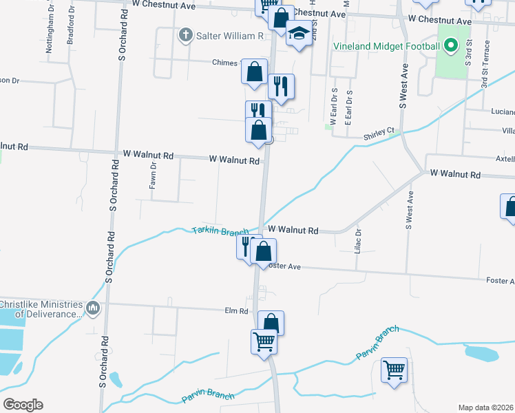 map of restaurants, bars, coffee shops, grocery stores, and more near 1146 South Delsea Drive in Vineland