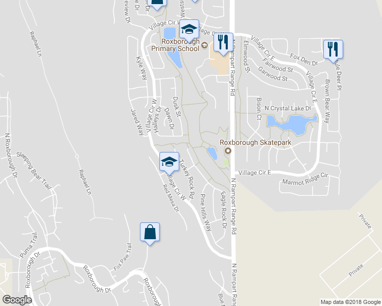 map of restaurants, bars, coffee shops, grocery stores, and more near 7474 Eagle Rock Drive in Littleton