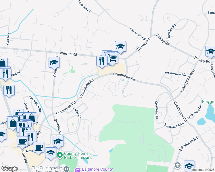 map of restaurants, bars, coffee shops, grocery stores, and more near 10337 Society Park Drive in Cockeysville