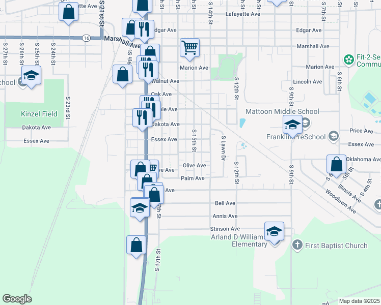 map of restaurants, bars, coffee shops, grocery stores, and more near 1521 Oklahoma Avenue in Mattoon