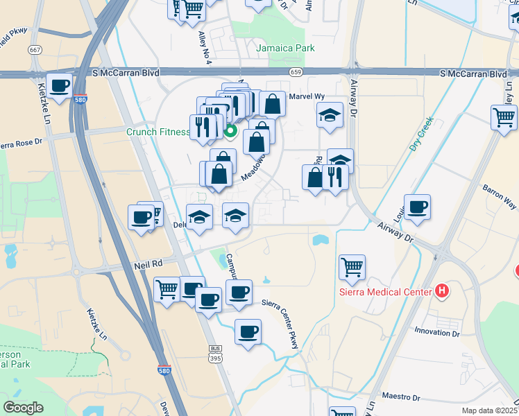 map of restaurants, bars, coffee shops, grocery stores, and more near 68 Neil Road in Reno