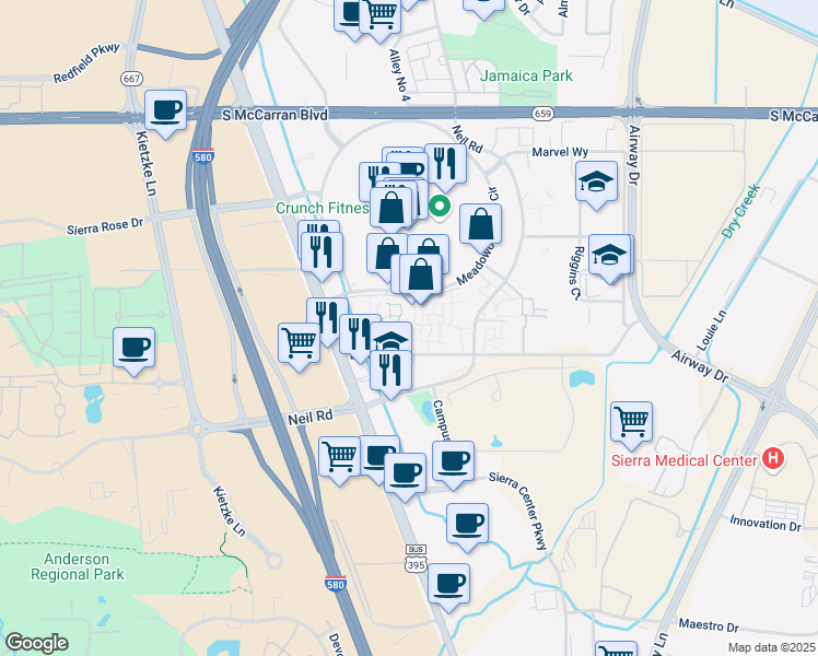 map of restaurants, bars, coffee shops, grocery stores, and more near 6200 Meadowood Mall Circle in Reno