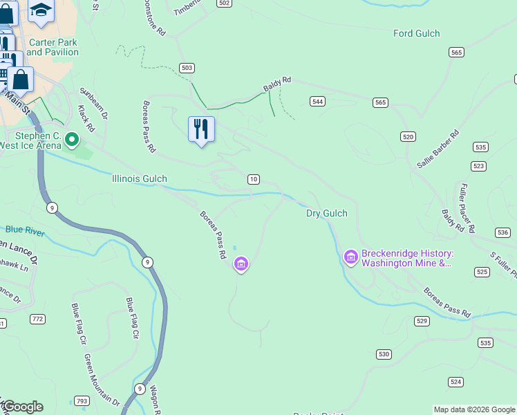 map of restaurants, bars, coffee shops, grocery stores, and more near 1108 Bright Hope Circle in Breckenridge
