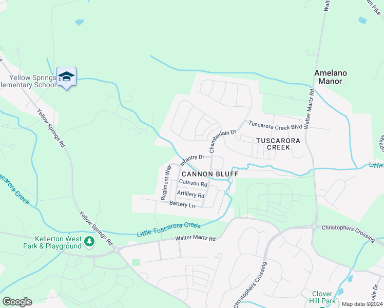 map of restaurants, bars, coffee shops, grocery stores, and more near 2135 Infantry Drive in Frederick