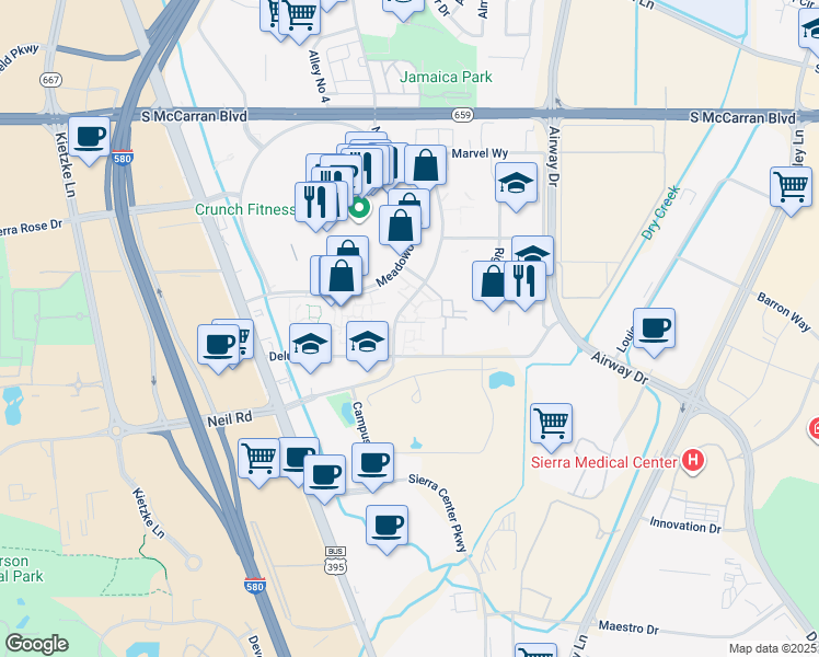 map of restaurants, bars, coffee shops, grocery stores, and more near 825 Delucchi Lane in Reno