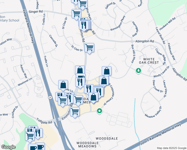 map of restaurants, bars, coffee shops, grocery stores, and more near 20 Box Hill South Parkway in Abingdon