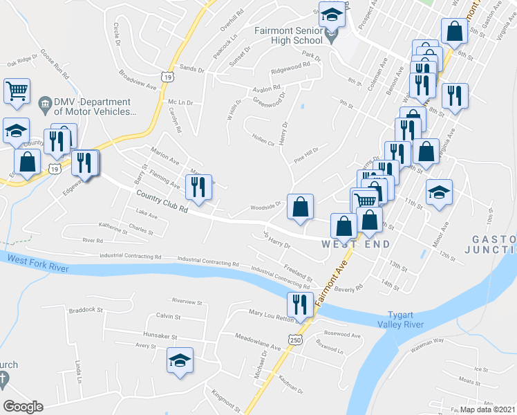 map of restaurants, bars, coffee shops, grocery stores, and more near 98 Woodside Drive in Fairmont