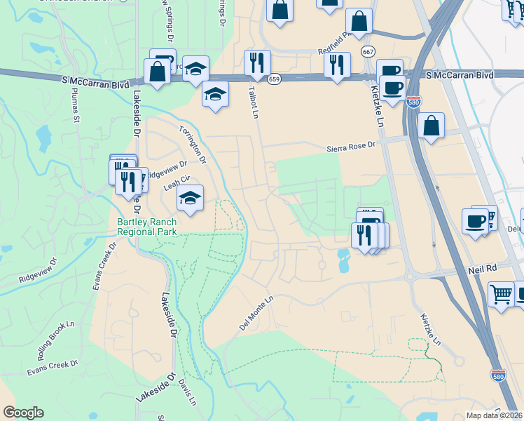 map of restaurants, bars, coffee shops, grocery stores, and more near 6136 Falabella Way in Reno