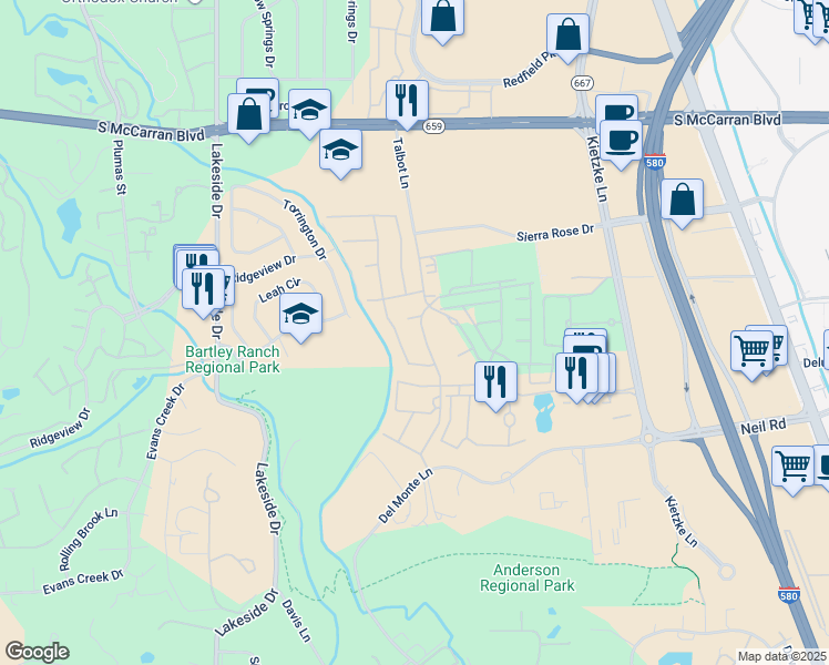 map of restaurants, bars, coffee shops, grocery stores, and more near 6136 Falabella Way in Reno