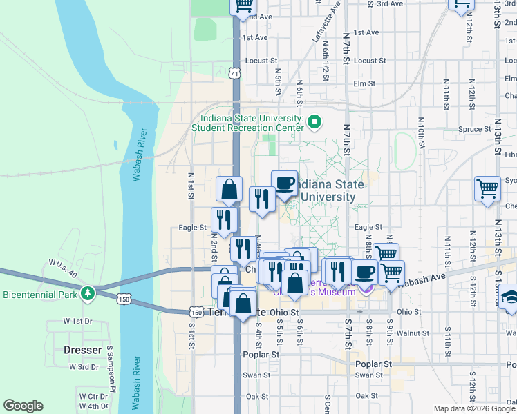 map of restaurants, bars, coffee shops, grocery stores, and more near 401-429 North 4th Street in Terre Haute