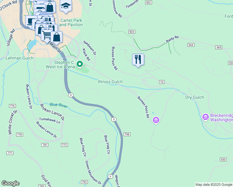 map of restaurants, bars, coffee shops, grocery stores, and more near 1003 Boreas Pass Road in Breckenridge