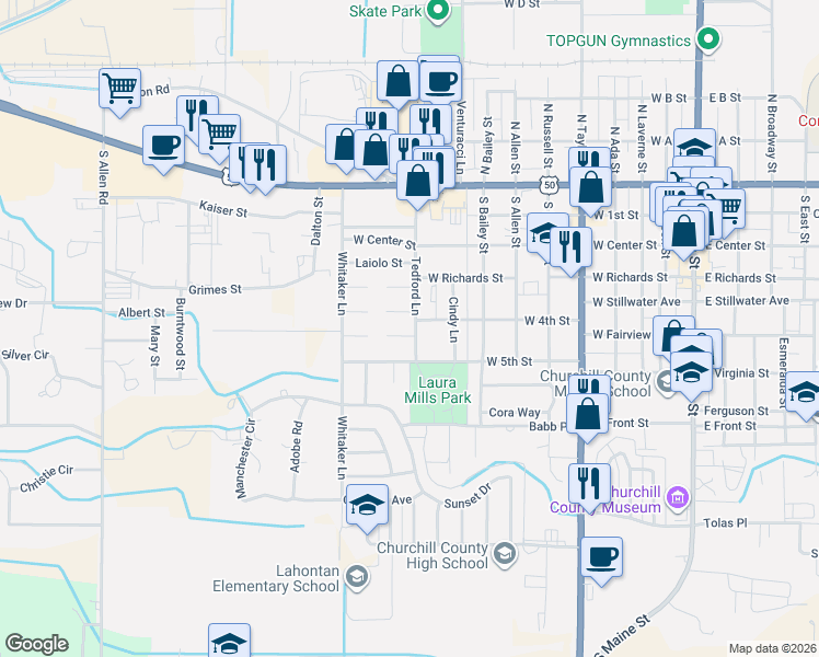 map of restaurants, bars, coffee shops, grocery stores, and more near 901 Saint Patrick Court in Fallon