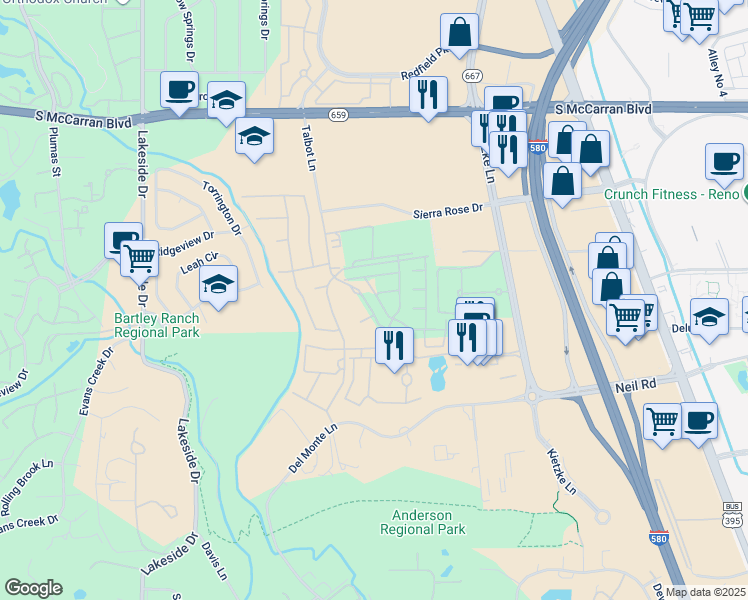 map of restaurants, bars, coffee shops, grocery stores, and more near 619 Camargue Trail in Reno