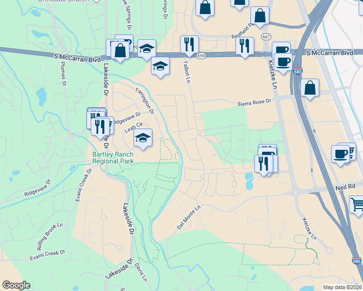 map of restaurants, bars, coffee shops, grocery stores, and more near 6142 Torrington Drive in Reno