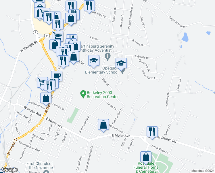 map of restaurants, bars, coffee shops, grocery stores, and more near 314 Half Street in Martinsburg