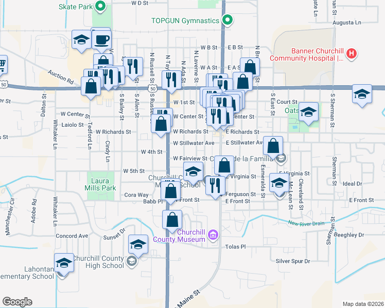 map of restaurants, bars, coffee shops, grocery stores, and more near 445 South Laverne Street in Fallon