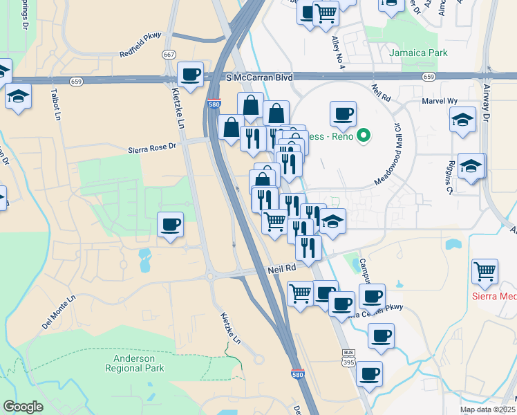 map of restaurants, bars, coffee shops, grocery stores, and more near 5995 South Virginia Street in Reno