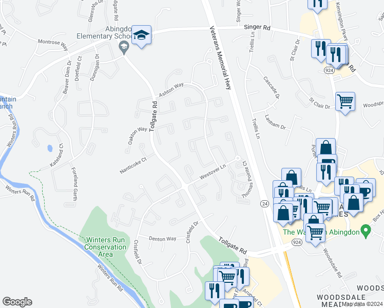 map of restaurants, bars, coffee shops, grocery stores, and more near 3334 Garrison Circle in Abingdon