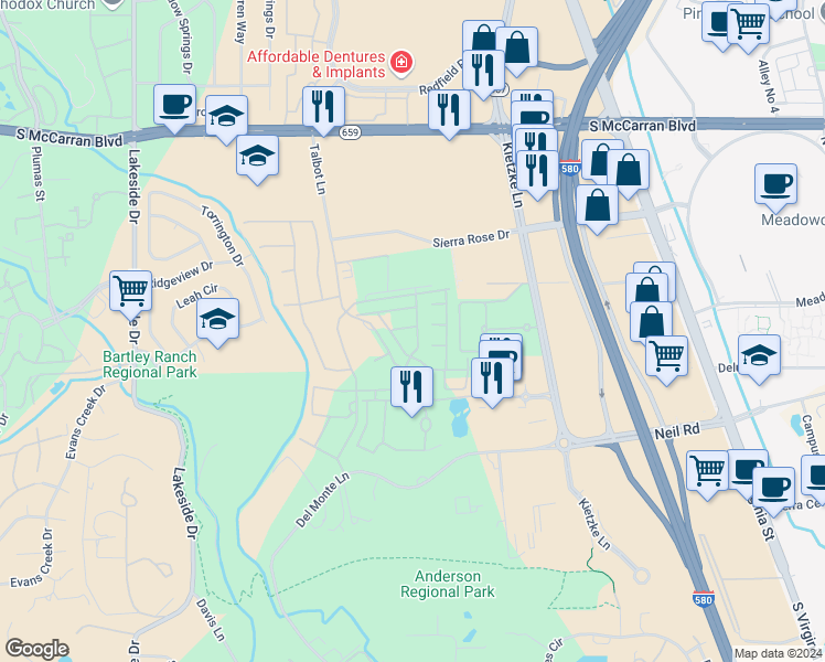 map of restaurants, bars, coffee shops, grocery stores, and more near 619 Camargue Trail in Reno