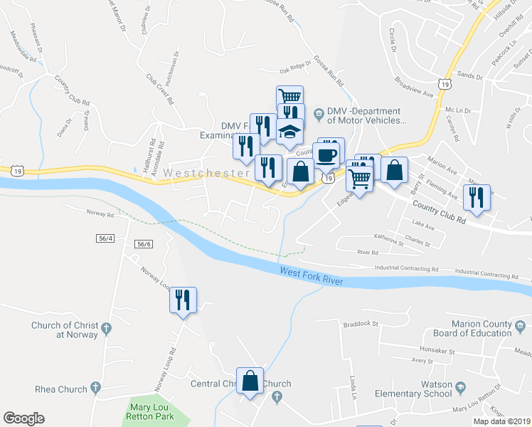 map of restaurants, bars, coffee shops, grocery stores, and more near 5 Timothy Lane in Fairmont