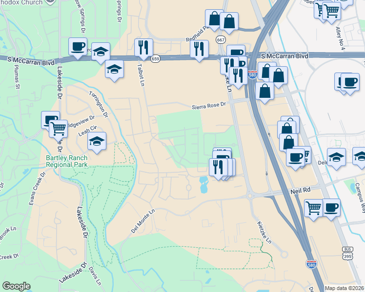 map of restaurants, bars, coffee shops, grocery stores, and more near 619 Camargue Trail in Reno