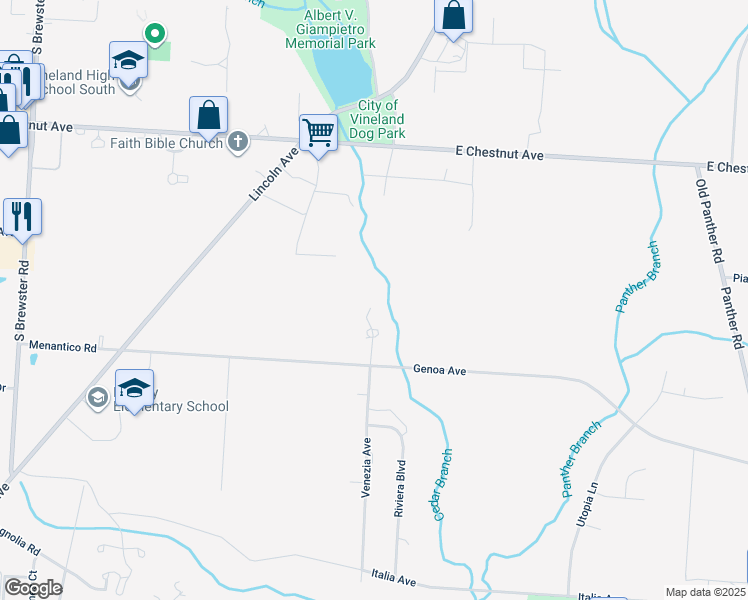 map of restaurants, bars, coffee shops, grocery stores, and more near 861 Venezia Avenue in Vineland