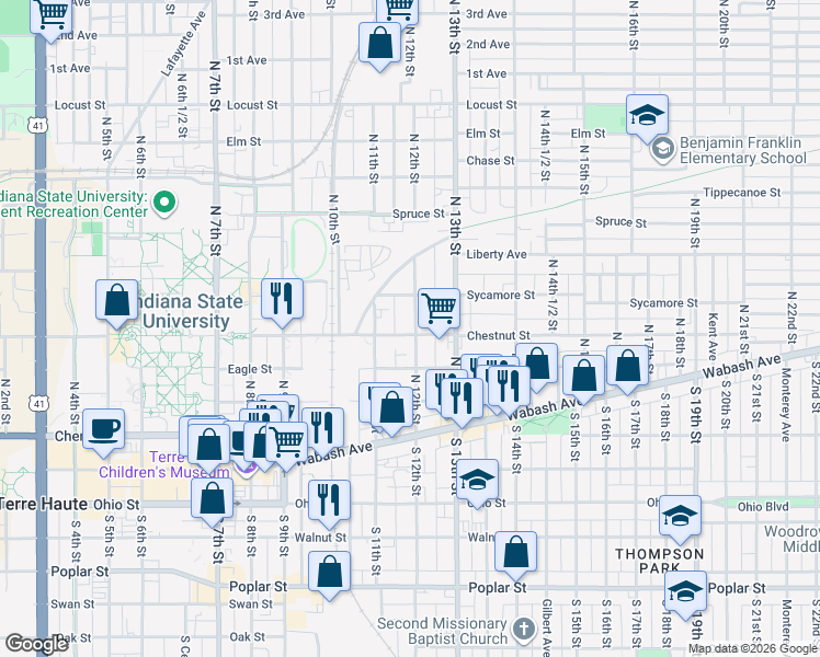 map of restaurants, bars, coffee shops, grocery stores, and more near 301-399 North 12th Street in Terre Haute