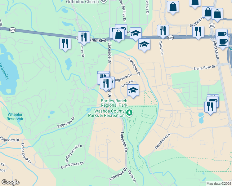 map of restaurants, bars, coffee shops, grocery stores, and more near 987 Leah Circle in Reno