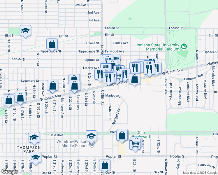 map of restaurants, bars, coffee shops, grocery stores, and more near 2525 Wabash Avenue in Terre Haute