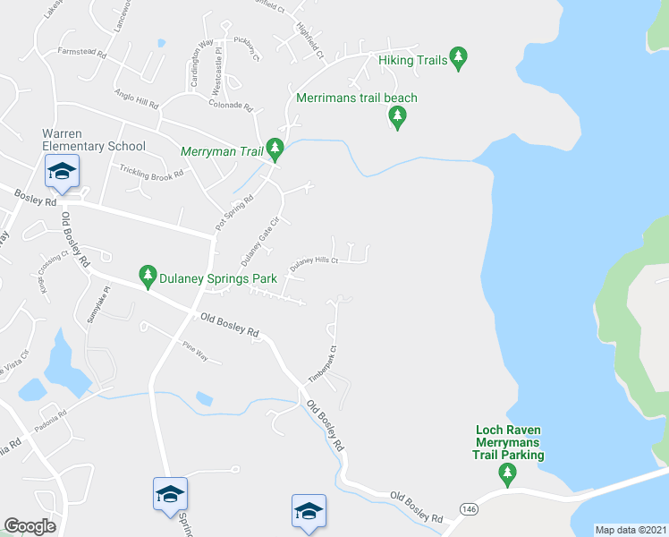 map of restaurants, bars, coffee shops, grocery stores, and more near 19 Dulaney Hills Court in Cockeysville