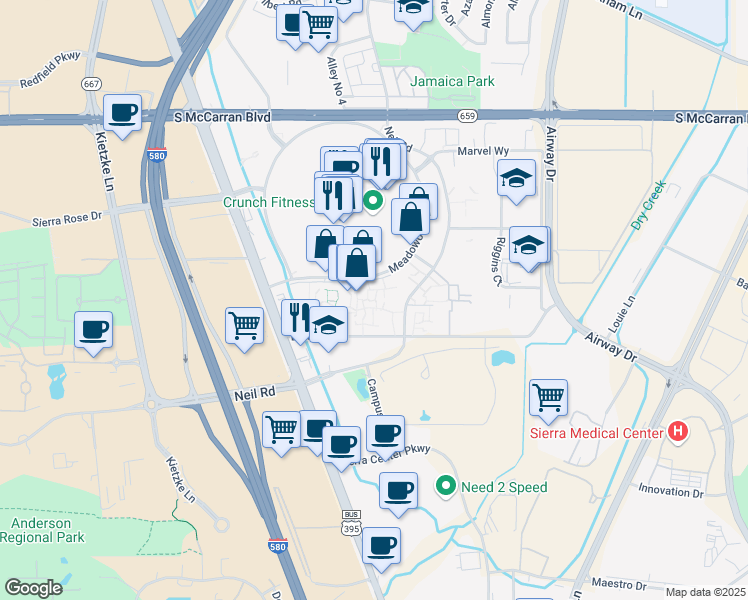 map of restaurants, bars, coffee shops, grocery stores, and more near 6200 Meadowood Mall Circle in Reno