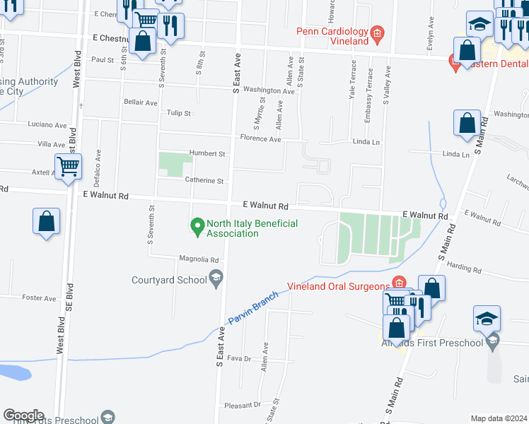 map of restaurants, bars, coffee shops, grocery stores, and more near 621 East Walnut Road in Vineland