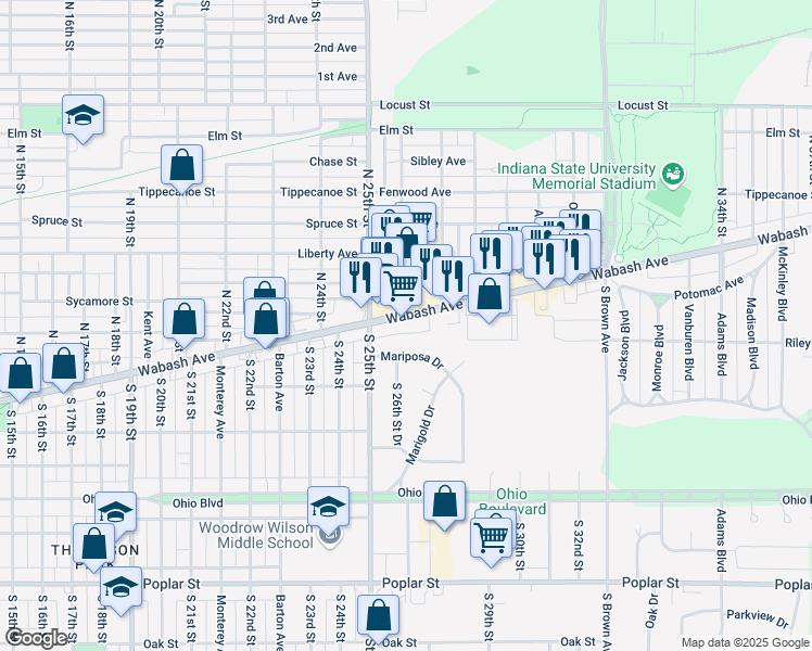 map of restaurants, bars, coffee shops, grocery stores, and more near 2525 Wabash Avenue in Terre Haute