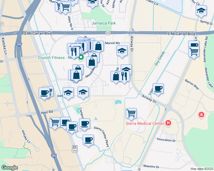 map of restaurants, bars, coffee shops, grocery stores, and more near 1543 Delucchi Lane in Reno