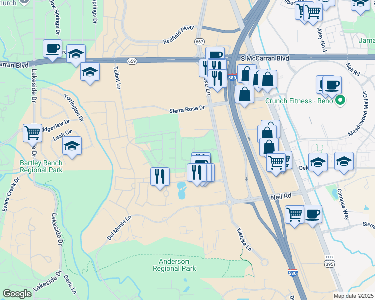 map of restaurants, bars, coffee shops, grocery stores, and more near 5315 Kietzke Lane in Reno