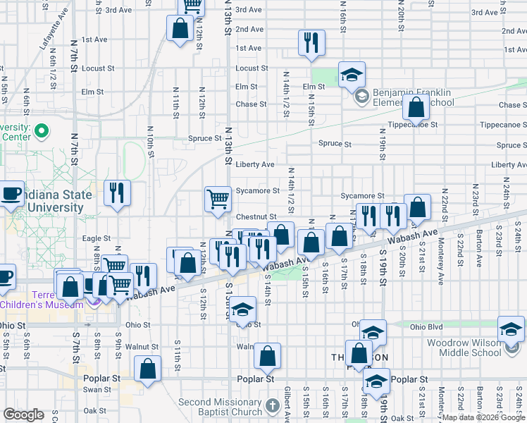map of restaurants, bars, coffee shops, grocery stores, and more near 1354 Chestnut Street in Terre Haute