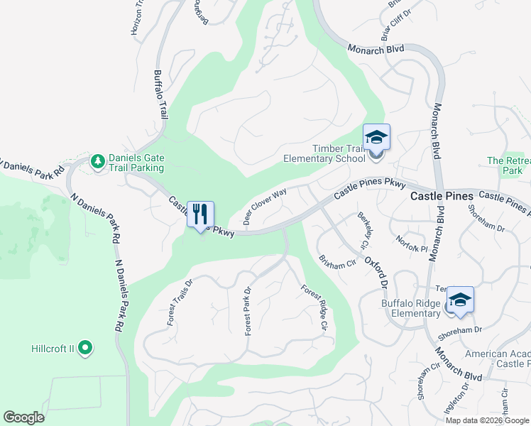 map of restaurants, bars, coffee shops, grocery stores, and more near 1053 Snow Lily Court in Castle Rock